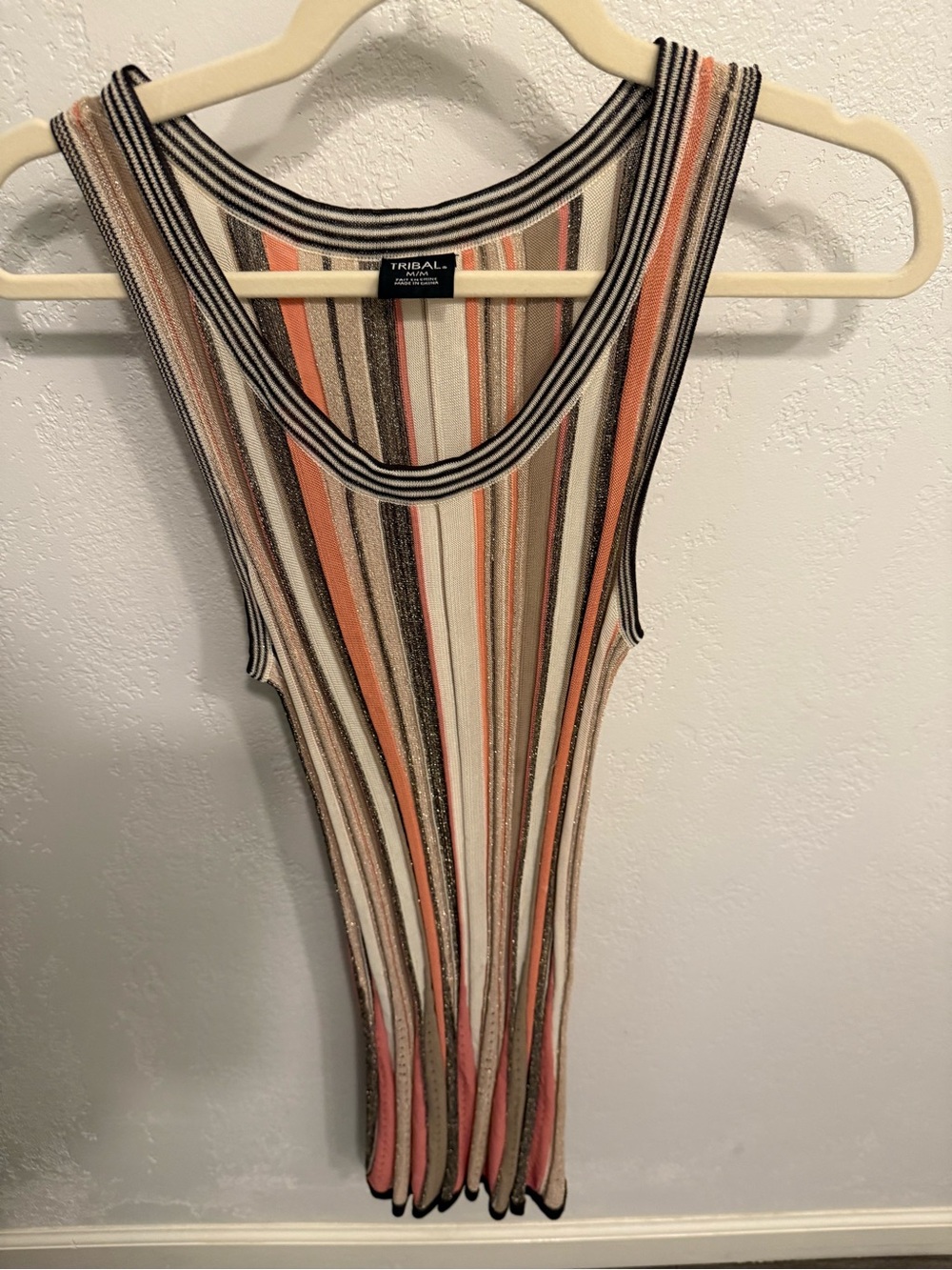 Tribal Ribbed Striped Tank in Cream, Peach & Black